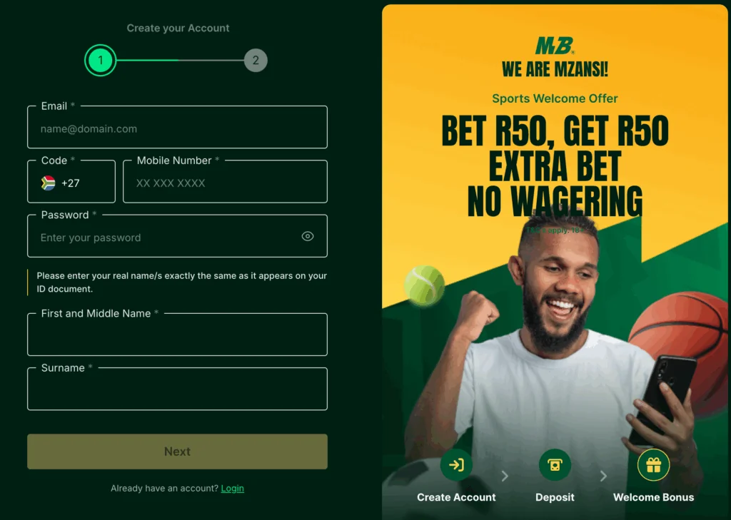 Creating an account on Mzansibet